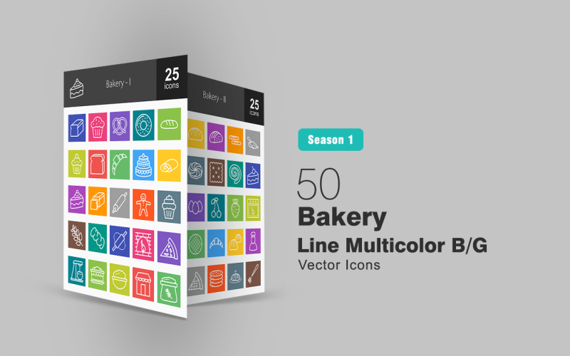 Download Набор иконок "50 Bakery Line Multicolor B/G Icon Set" / 50 Bakery Line Multicolor B/G Icon Set - Набор иконок на тему графика bakery icon baked items baker bread muffin biscuit doughnut cupcake croissant cake gingerbread wheat oven pizza mixer flour egg iconbunny