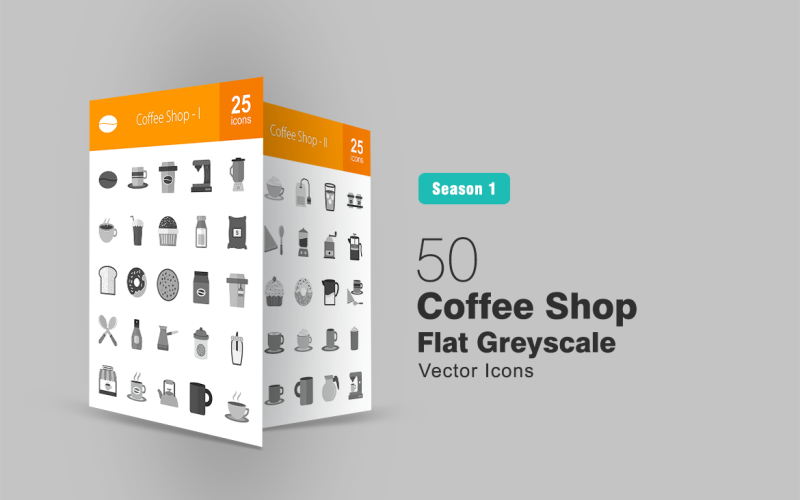 Download Набор иконок "50 Coffee Shop Flat Greyscale Icon Set" / 50 Coffee Shop Flat Greyscale Icon Set - Набор иконок на тему графика coffee,icon,shop,cup,mug,blender,hot,chocolate,shake,muffin,milk,sugar,toast,doughnut,cookie,tea,spoon,syrup,kettle,cream