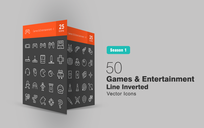 Conjunto de ícones invertidos de 50 linhas de jogos e entretenimento