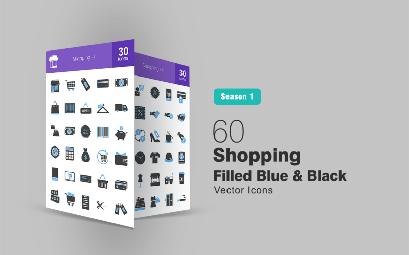 60 Conjunto de ícones preenchidos em azul e preto para compras
