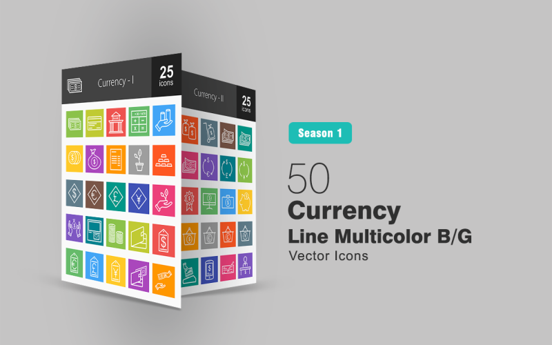 Download Набор иконок "50 Currency Line Multicolor B/G Icon Set" / 50 Currency Line Multicolor B/G Icon Set - Набор иконок на тему графика currency,icon,money,credit,card,bank,inflation,dollar,coin,bill,gold,euro,pound,yen,investment,cash,wallet,donation,cart,online