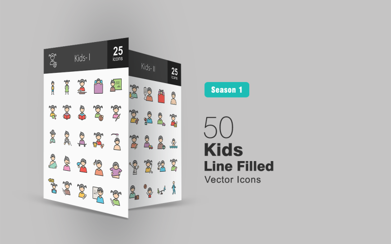 Download Набор иконок "50 Kids Filled Line Icon Set" / 50 Kids Filled Line Icon Set - Набор иконок на тему графика kids icon child boy girl reading sleeping eating painting playing brushing hair drying going drinking drawing swimming cheerleading listening sitting