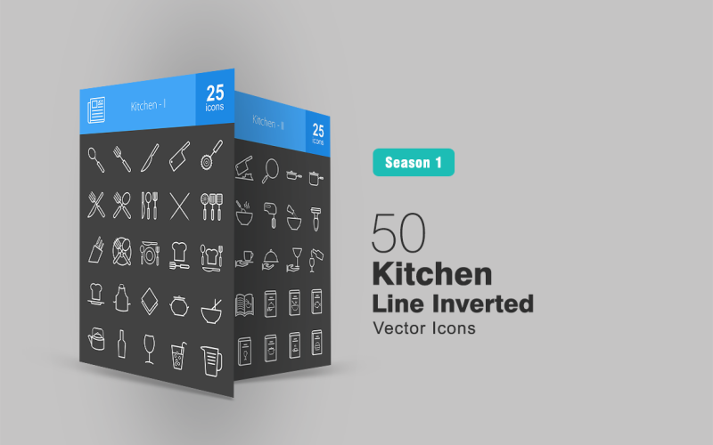 Download Набор иконок "50 Kitchen Line Inverted Icon Set" / 50 Kitchen Line Inverted Icon Set - Набор иконок на тему графика kitchen icon spoon fork knife plate chef apron napkin food kettle wine bottle glass drink pitcher pan cooking stove board