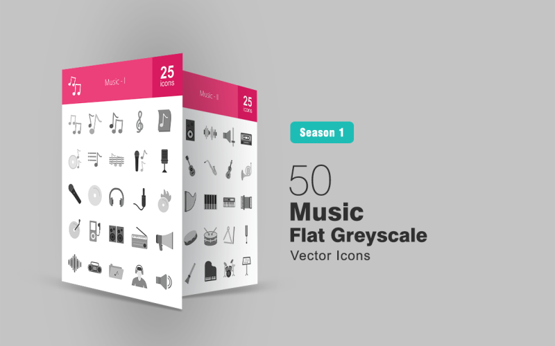 Sada 50 hudebních ikon ve stupních šedi