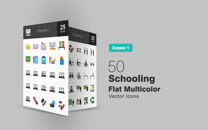 50 set di icone multicolore piatte di scolarizzazione