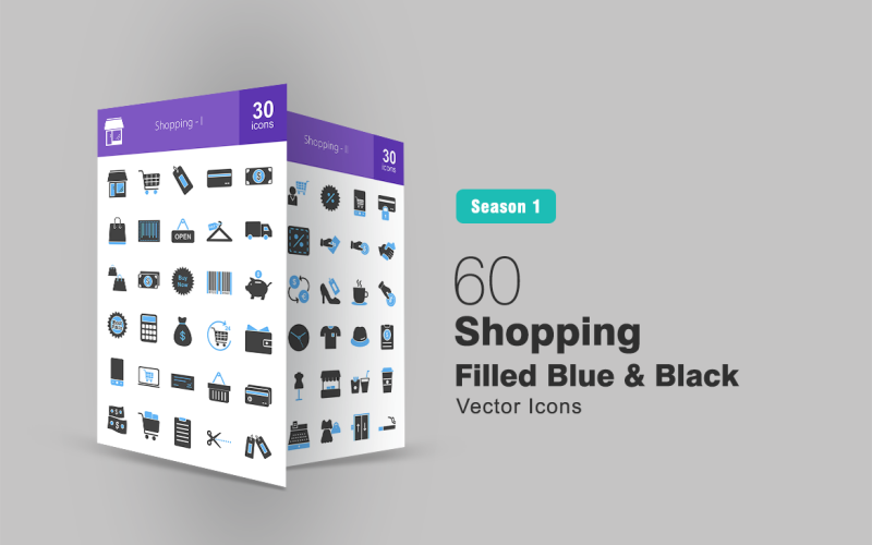 Download Набор иконок "60 Shopping Filled Blue & Black Icon Set" / 60 Shopping Filled Blue & Black Icon Set - Набор иконок на тему графика shop icon shopping cart tag card bill barcode delivery truck bags money buy piggy bank price calculator wallet mobile online