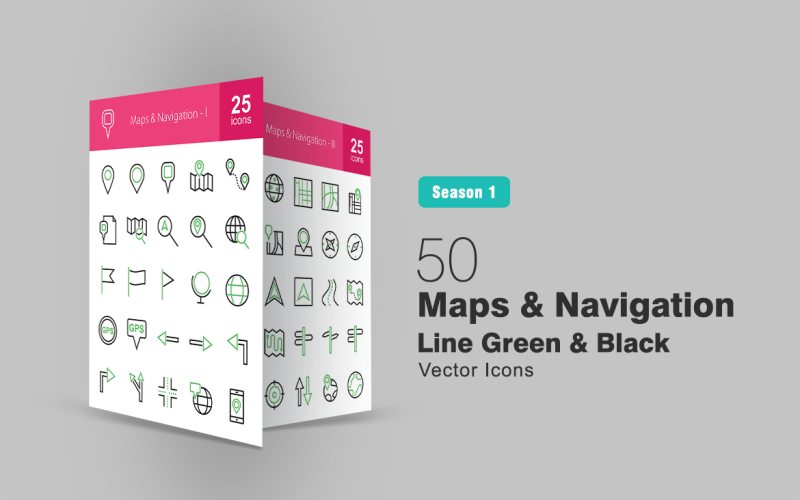 50 Térkép és navigációs vonal zöld és fekete ikonkészlet