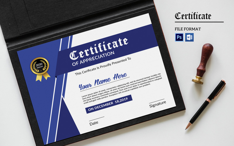 Download Шаблон сертификата "Appreciation Certificate Template" / Appreciation Certificate Template - Шаблон сертификата на тему графика certificate,appreciation,achievement,academic,printable,sale,photoshop,template,word,recognition,multipurpose,letter,clean,minimal,professional,blue