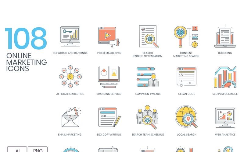 108 icônes de marketing en ligne - ensemble de série de lignes de couleur