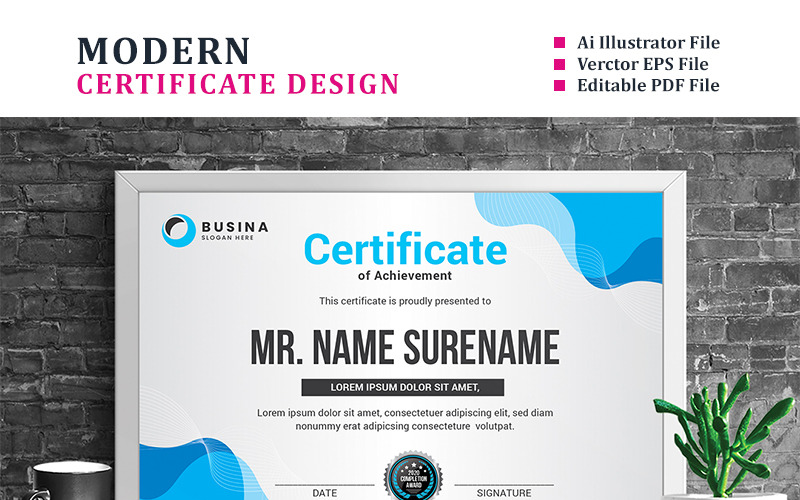 Download Шаблон сертификата "Wave Style Design Certificate Template" / Wave Style Design Certificate Template - Шаблон сертификата на тему графика achievement appreciation award diploma completion acknowledgement certificates eyelash nail extension modern luxury rainbow professional training red blue gold green yellow