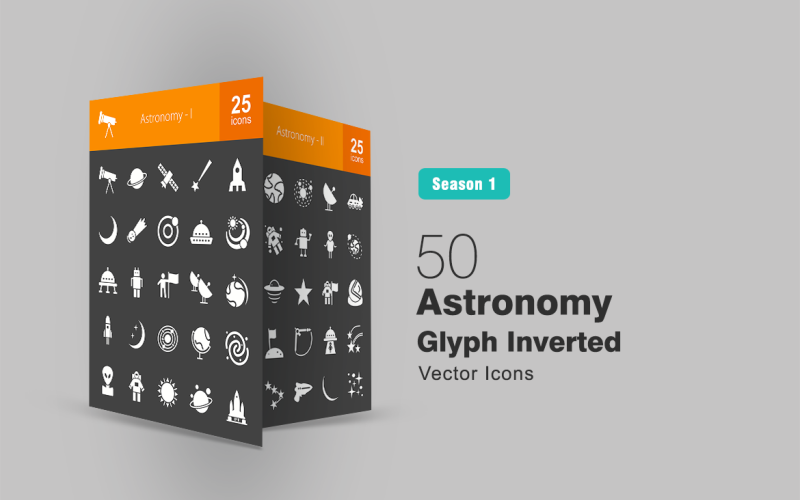 Download Набор иконок "50 Astronomy Glyph Inverted Icon Set" / 50 Astronomy Glyph Inverted Icon Set - Набор иконок на тему графика astronomy icon telescope planet satellite star rocket moon comet orbit space shuttle sun robot earth solar system globe galaxy alien
