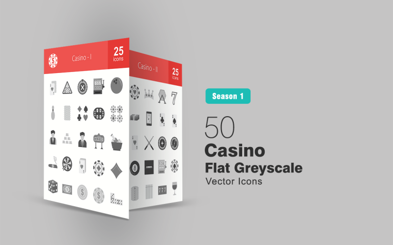 50 Casino Flat Graustufen-Icon-Set