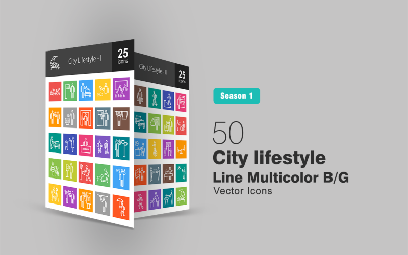 50 City Lifestyle Line Çok Renkli B / G Icon Set