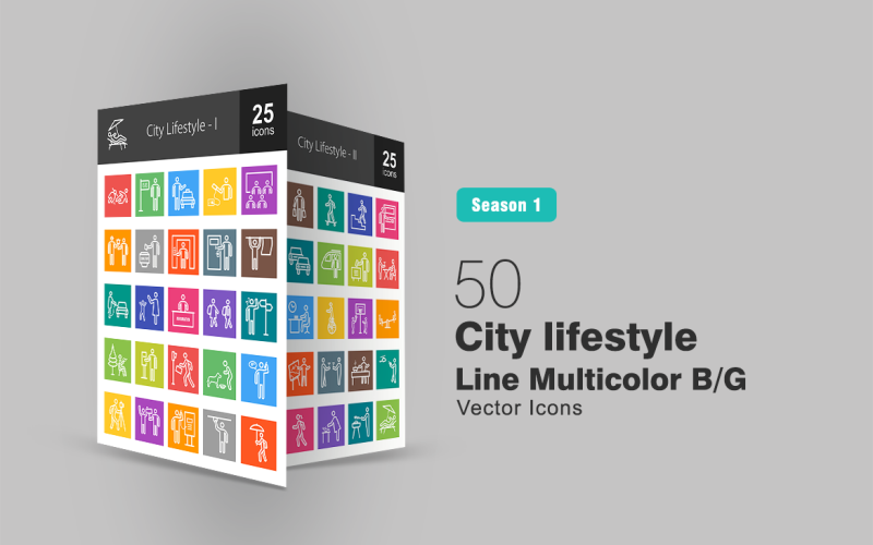 Download Набор иконок "50 City Lifestyle Line Multicolor B/G Icon Set" / 50 City Lifestyle Line Multicolor B/G Icon Set - Набор иконок на тему графика city,icon,lifestyle,swinging,charging,phone,resting,dressing,knocking,waving,cycling,going,to,school,sitting,in,park,crossing,road,feeding