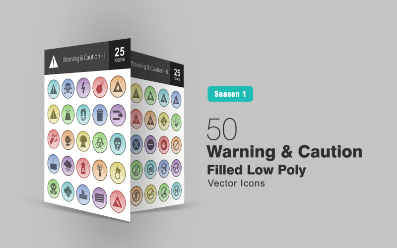 50 Conjunto de ícones preenchidos de advertência e cuidado Low Poly
