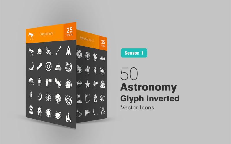 Conjunto de iconos invertidos de 50 glifos de astronomía