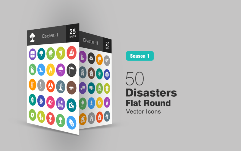 Download Набор иконок "50 Disasters Flat Round Icon Set" / 50 Disasters Flat Round Icon Set - Набор иконок на тему графика blast,icon,bunny,chemical,leak,cyclone,danger,disaster,drought,earthquake,electricity,epidemic,fire,icon,flat,floods,fuel,leakage,hailstorm,hurricane