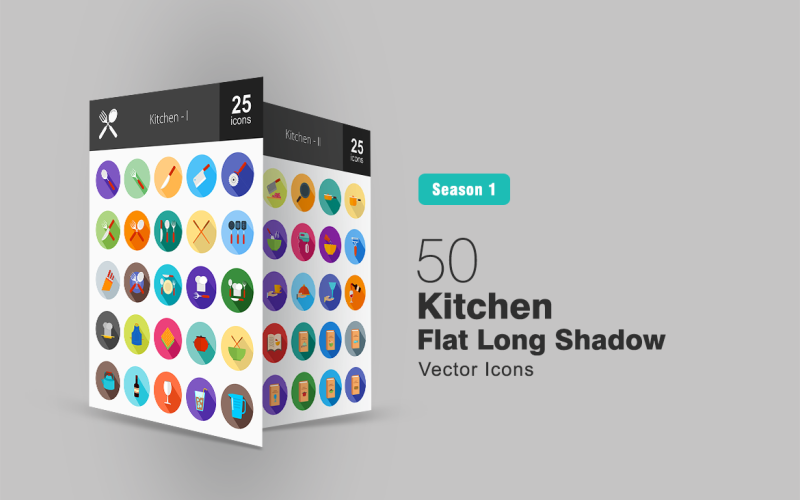 50 Kitchen Flat Long Shadow Icon Set