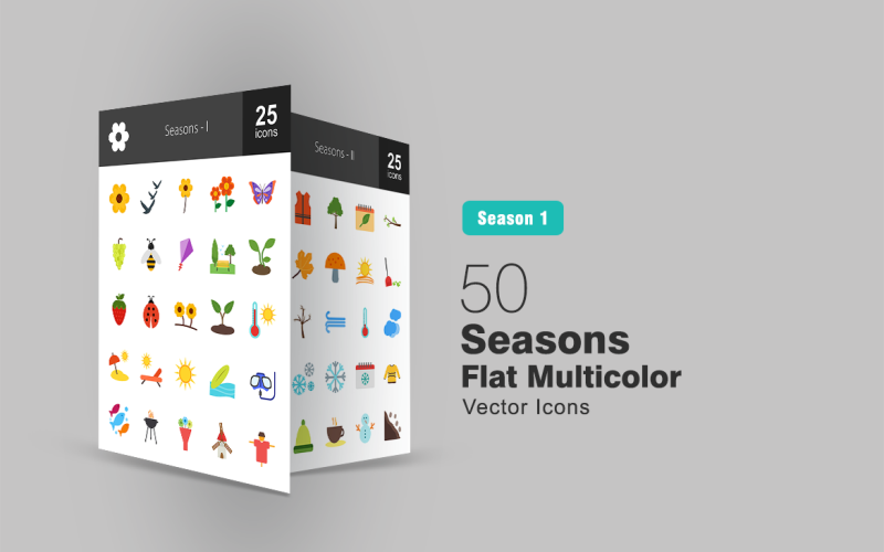 50 Mevsim Düz Çok Renkli Icon Set