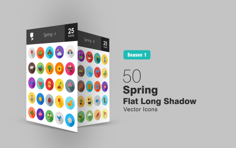50 Spring Flat Long Shadow Ikonuppsättning