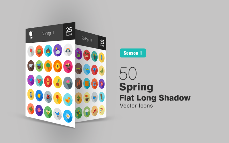 50 tavaszi lapos hosszú árnyék ikon készlet