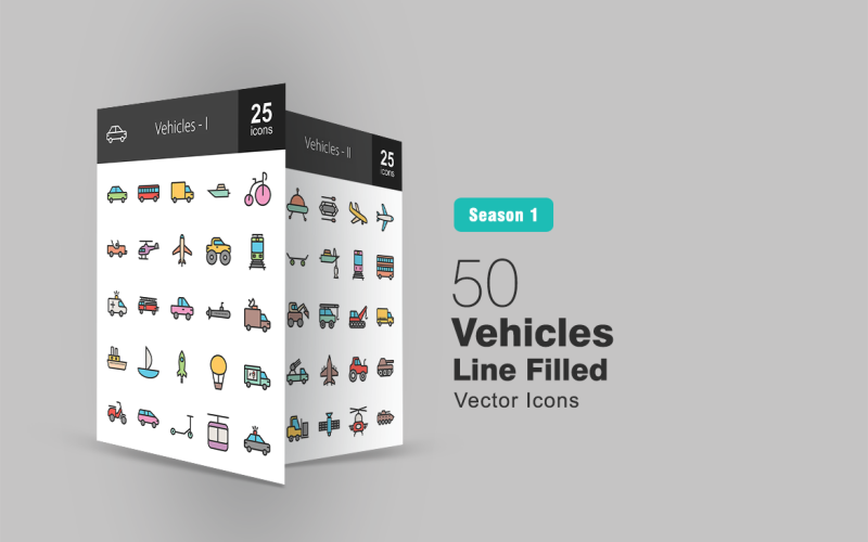 50 транспортних засобів, заповнених лінія набір іконок