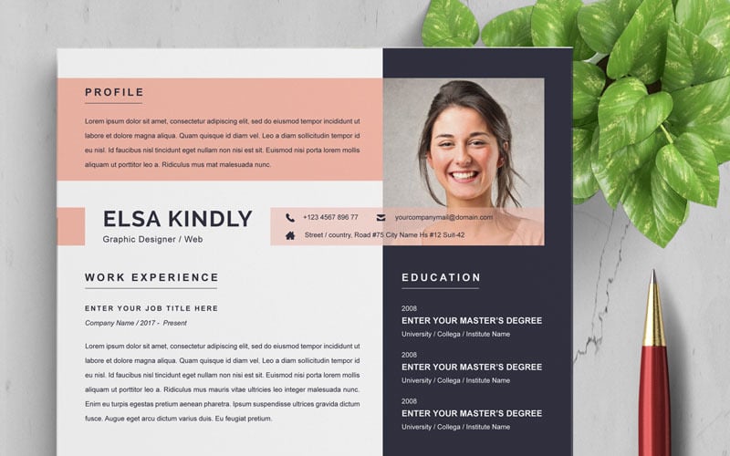 Download Резюме "Elsa Resume Template" / Elsa Resume Template - Резюме на тему графика 2 page a4 clean cv design elegant resume female feminine infographic letter minimalist modern portfolio professional indesign minimal pages
