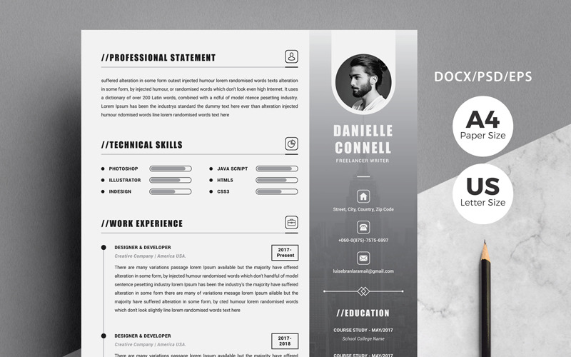 Download Резюме "Modern Cv - Danielle Connell Resume Template" / Modern Cv - Danielle Connell Resume Template - Резюме на тему графика resume,template,cv,clean,creative,modern,stationery,design,pages,professional,infographic,word,photoshop,a4,us,download
