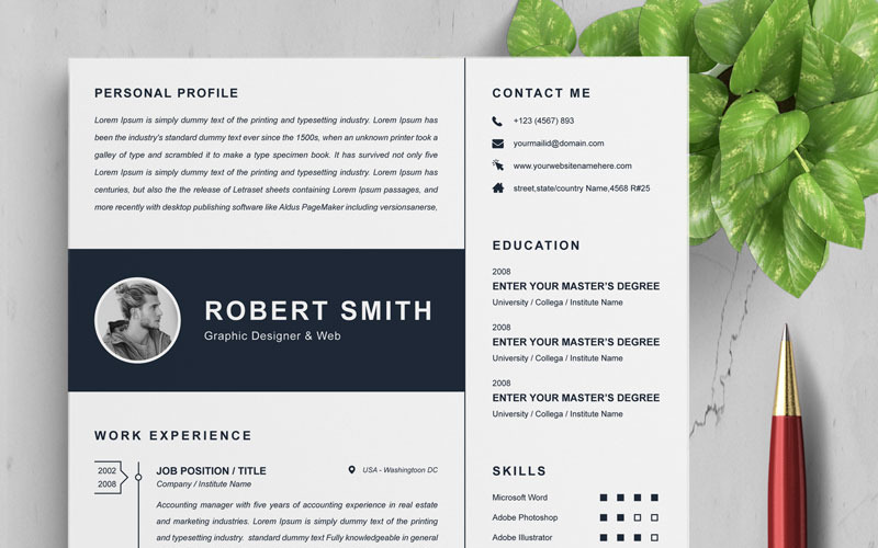 Download Резюме "Robert Resume Template" / Robert Resume Template - Резюме на тему графика 2 page a4 clean cv design elegant resume female feminine infographic letter minimalist modern portfolio professional indesign minimal pages