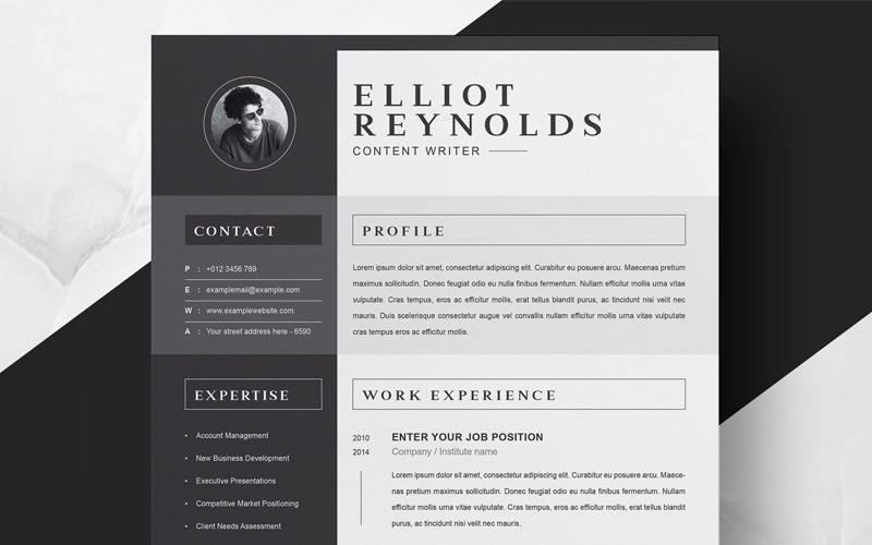Download Резюме "Elliot Resume Template" / Elliot Resume Template - Резюме на тему графика page resume 2 clean cv cover letter design template illustrator eps mac pages microsoft word modern photoshop psd professional