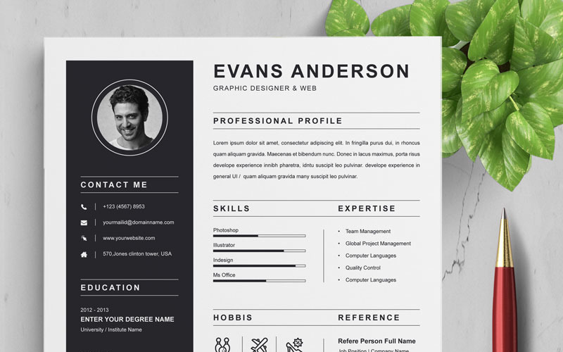 Download Резюме "Evans Resume Template" / Evans Resume Template - Резюме на тему графика 2 page a4 clean cv design elegant resume female feminine infographic letter minimalist modern portfolio professional indesign minimal pages