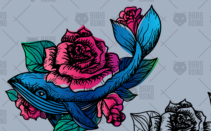Download Иллюстрация "Hand Drawn Whale In Roses - Illustration" / Hand Drawn Whale In Roses - Illustration - Иллюстрация на тему графика vector illustration whale rose flower floral flourish nature natural abstract petal leaf leafage sea ocean marine mammal tattoo patch animal