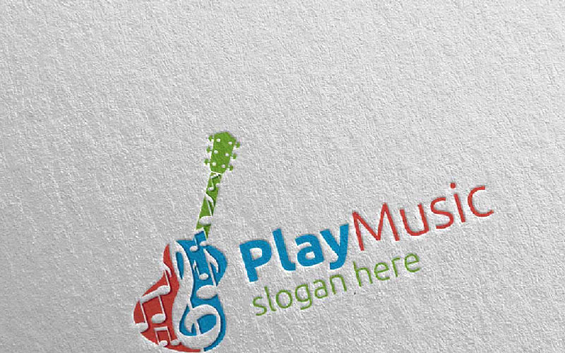 Download Шаблон логотипа "Music with Note and Guitar Concept 38 Logo Template" / Music with Note and Guitar Concept 38 Logo Template - Шаблон логотипа на тему графика music logo karaoke melody movie multimedia record voice singer note sound song play wave video volume audio vector compose guitar