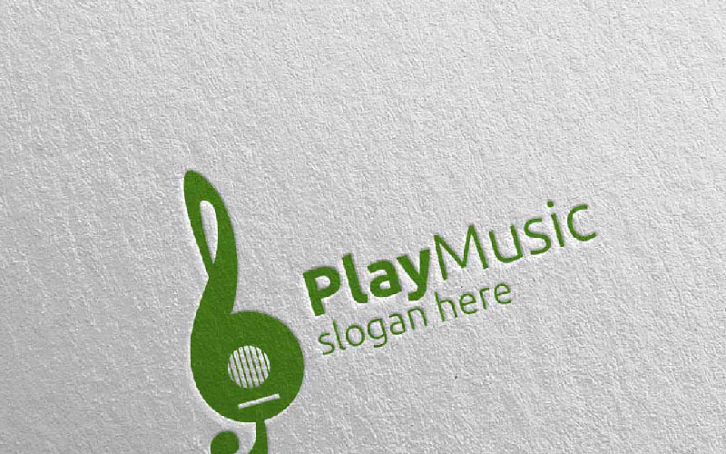 Download Шаблон логотипа "Music with Note and Guitar Concept 54 Logo Template" / Music with Note and Guitar Concept 54 Logo Template - Шаблон логотипа на тему графика music logo karaoke melody movie multimedia record voice singer note sound song play video volume audio vector compose disco guitar