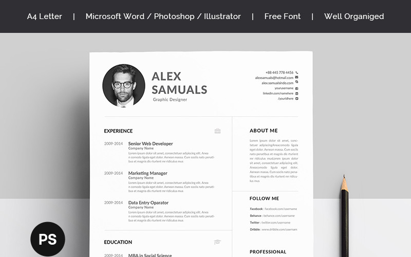 Download Резюме "Alex Samuels Resume Template" / Alex Samuels Resume Template - Резюме на тему графика a4 black bright career clean cv resume cover letter creative curriculum vitae design docx editable elegant job light minimalist professional