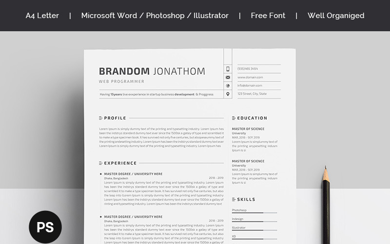 Download Резюме "Brandom Jonathom Resume Template" / Brandom Jonathom Resume Template - Резюме на тему графика a4 black bright career clean cv resume cover letter creative curriculum vitae design docx editable elegant job light minimalist professional