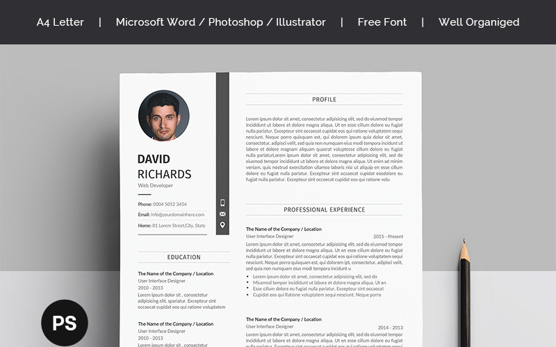 Download Резюме "David Richard Resume Template" / David Richard Resume Template - Резюме на тему графика a4 clean cv design elegant resume female infographic letter minimalist modern portfolio professional indesign minimal pages word template