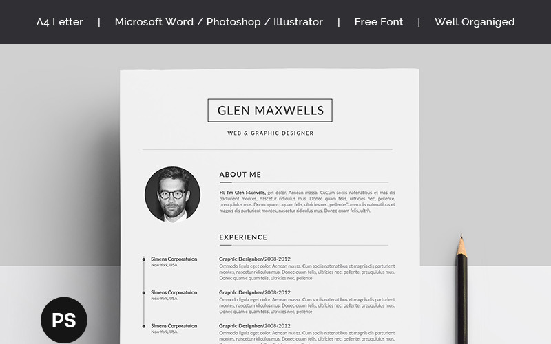 Download Резюме "Glen Resume Template" / Glen Resume Template - Резюме на тему графика a4 black bright career clean cv resume cover letter creative curriculum vitae design docx editable elegant job light minimalist professional
