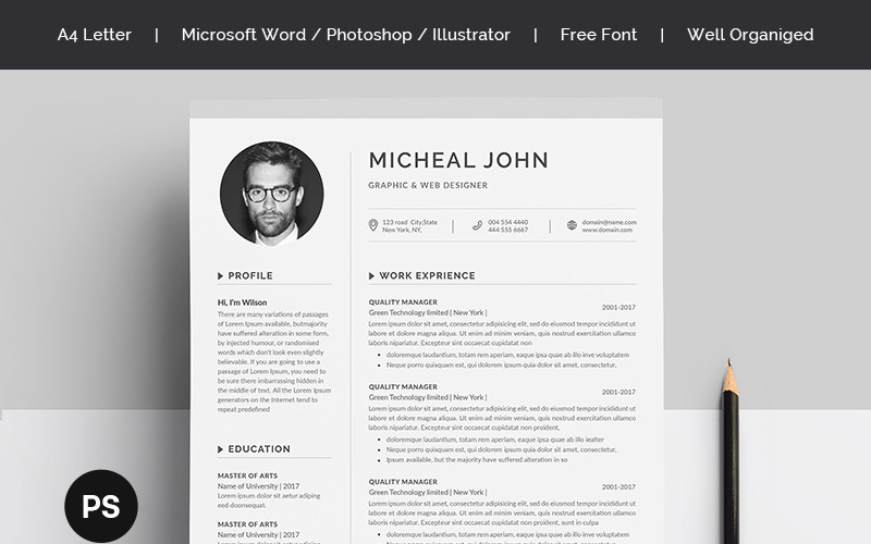 Download Резюме "Micheal John Resume Template" / Micheal John Resume Template - Резюме на тему графика a4 black bright career clean cv resume cover letter creative curriculum vitae design docx editable elegant job light minimalist professional
