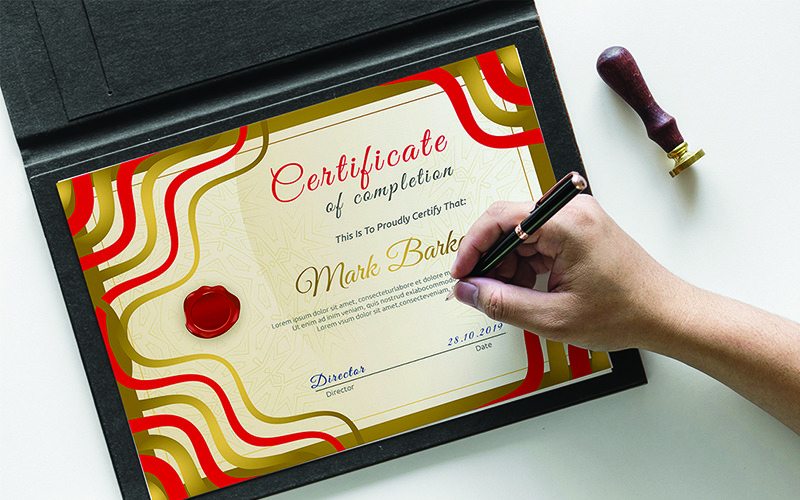 Download Шаблон сертификата "Wavy Elegant Certificate Template" / Wavy Elegant Certificate Template - Шаблон сертификата на тему графика certificate corporate decorative diploma elegant excellence frame graduation green modern multicolor ornament ornaments paper print ready template professional red simple