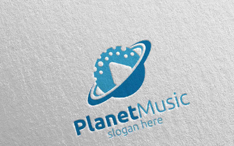 Download Шаблон логотипа "?Music  with Planet and Play Concept 75? Logo Template" / ?Music  with Planet and Play Concept 75? Logo Template - Шаблон логотипа на тему графика music logo karaoke melody movie multimedia record voice singer note sound song play video volume audio vector compose disco planet