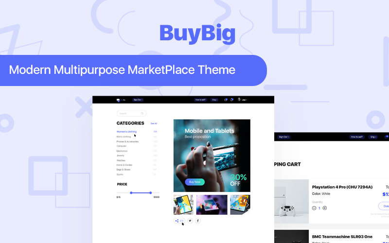 Download PSD шаблон "BuyBig | MarketPlace PSD Template" / BuyBig | MarketPlace PSD Template - Адаптивный PSD шаблон на тему магазин мобильной связи marketplace buy clothing phones accessories electronics shopping_cart buynow order payment sell garden