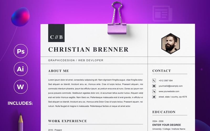 Download Резюме "Brenner Resume Template" / Brenner Resume Template - Резюме на тему графика a4 clean resume cv doc elegant template indesign infographic modern professional creative design minimal pages portfolio word us letter