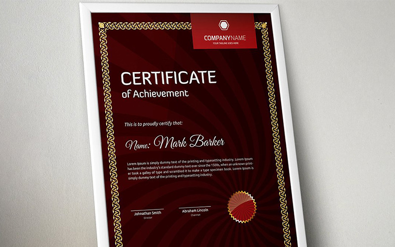 Download Шаблон сертификата "Elegant Red with Gold Frame Certificate Template" / Elegant Red with Gold Frame Certificate Template - Шаблон сертификата на тему графика certificate corporate decorative diploma elegant excellence frame graduation green modern multicolor ornament ornaments paper print ready template professional red simple