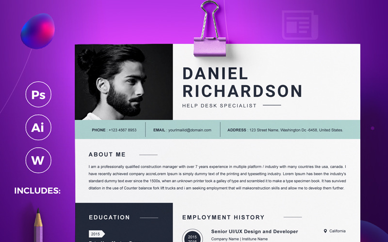 Download Резюме "Richardson Resume Template" / Richardson Resume Template - Резюме на тему графика a4 clean resume cv doc elegant template indesign infographic modern professional creative design minimal pages portfolio word us letter 3