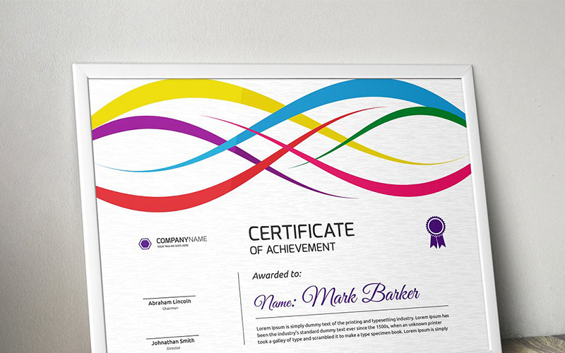 Download Шаблон сертификата "Wavy Colorful Stripes Certificate Template" / Wavy Colorful Stripes Certificate Template - Шаблон сертификата на тему графика certificate corporate decorative diploma elegant excellence frame graduation green modern multicolor ornament ornaments paper print ready template professional red simple