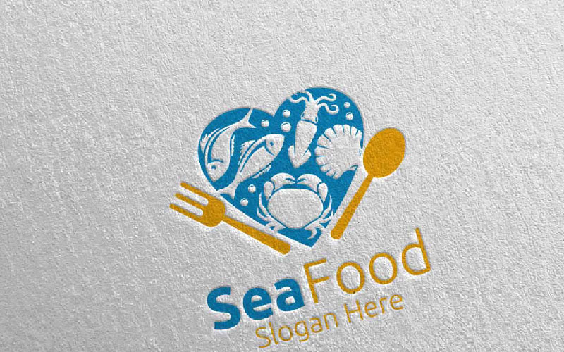 Download Шаблон логотипа "Love Seafood for Restaurant or Cafe 86 Logo Template" / Love Seafood for Restaurant or Cafe 86 Logo Template - Шаблон логотипа на тему графика seafood restaurant cafe fish crab shrimp scallops squid octopus chef logo catering cooking food fork fresh eat kitchen knife love