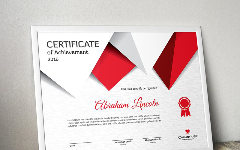 Download Шаблон сертификата "Triangular Certificate Template" / Triangular Certificate Template - Шаблон сертификата на тему графика certificate corporate decorative diploma elegant excellence frame graduation green modern multicolor ornament ornaments paper print ready template professional red simple
