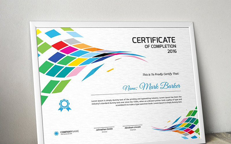 Download Шаблон сертификата "Abstract Colorful Certificate Template" / Abstract Colorful Certificate Template - Шаблон сертификата на тему графика certificate corporate decorative diploma elegant excellence frame graduation green modern multicolor ornament ornaments paper print ready template professional red simple