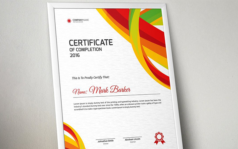 Download Шаблон сертификата "Abstract Colorful Certificate Template" / Abstract Colorful Certificate Template - Шаблон сертификата на тему графика certificate corporate decorative diploma elegant excellence frame graduation green modern multicolor ornament ornaments paper print ready template professional red simple